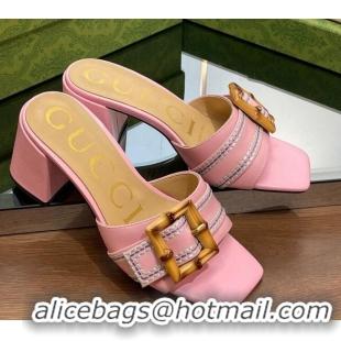 Good Quality Gucci Bamboo Lambskin Medium Heel Slide Sandals 6.5cm Pink 321061