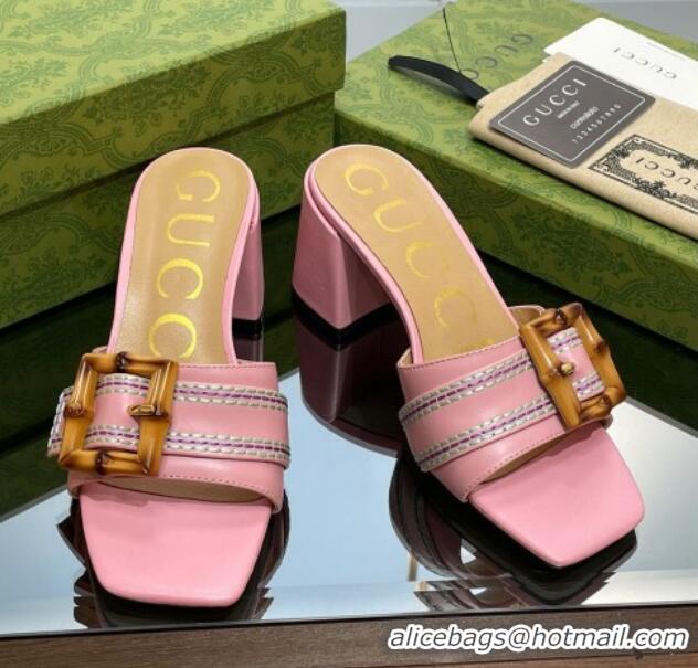 Good Quality Gucci Bamboo Lambskin Medium Heel Slide Sandals 6.5cm Pink 321061