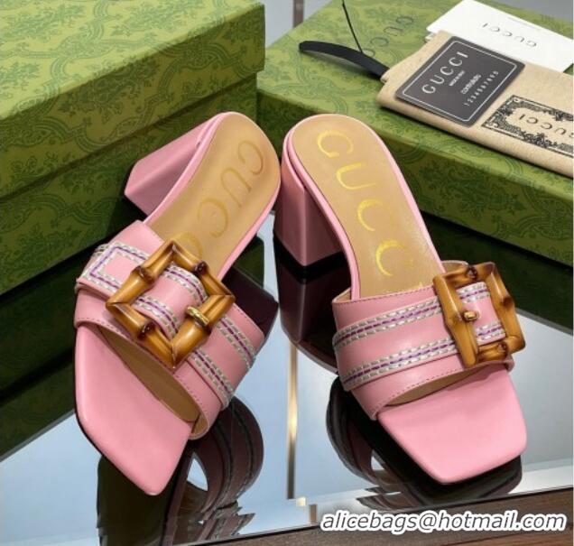 Good Quality Gucci Bamboo Lambskin Medium Heel Slide Sandals 6.5cm Pink 321061