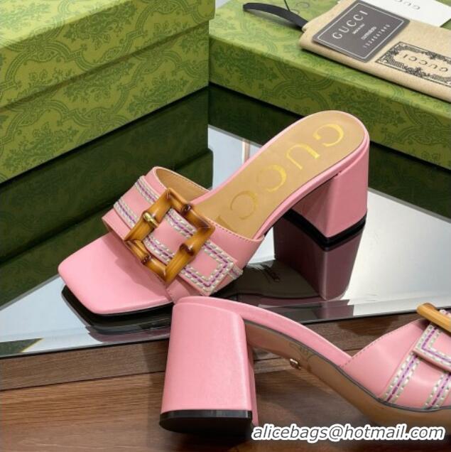 Good Quality Gucci Bamboo Lambskin Medium Heel Slide Sandals 6.5cm Pink 321061