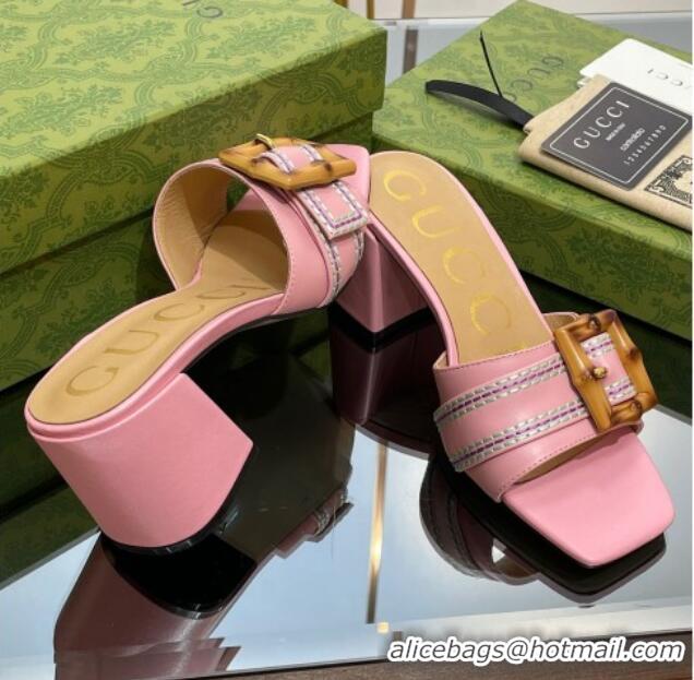 Good Quality Gucci Bamboo Lambskin Medium Heel Slide Sandals 6.5cm Pink 321061