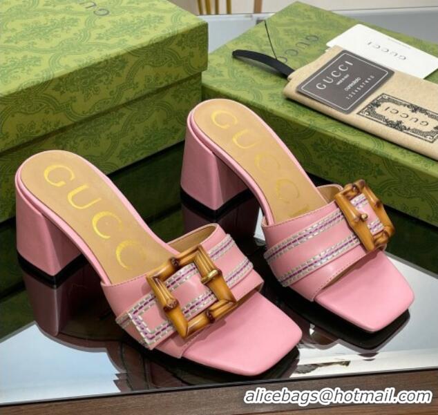 Good Quality Gucci Bamboo Lambskin Medium Heel Slide Sandals 6.5cm Pink 321061