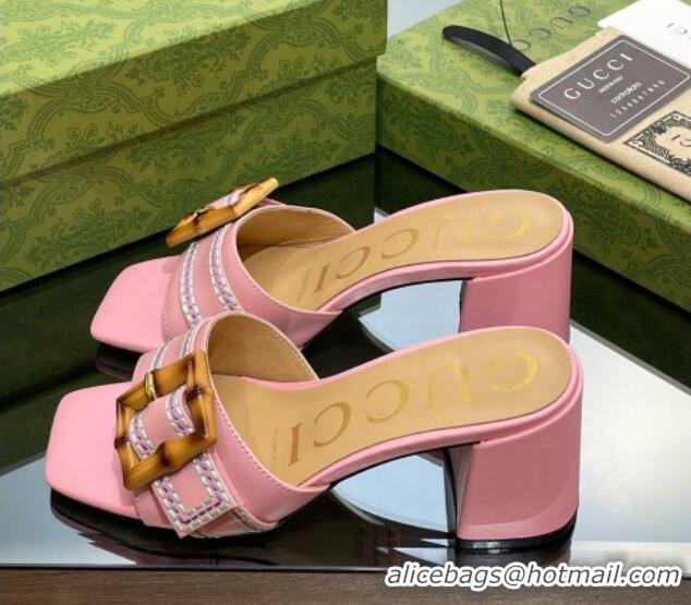 Good Quality Gucci Bamboo Lambskin Medium Heel Slide Sandals 6.5cm Pink 321061