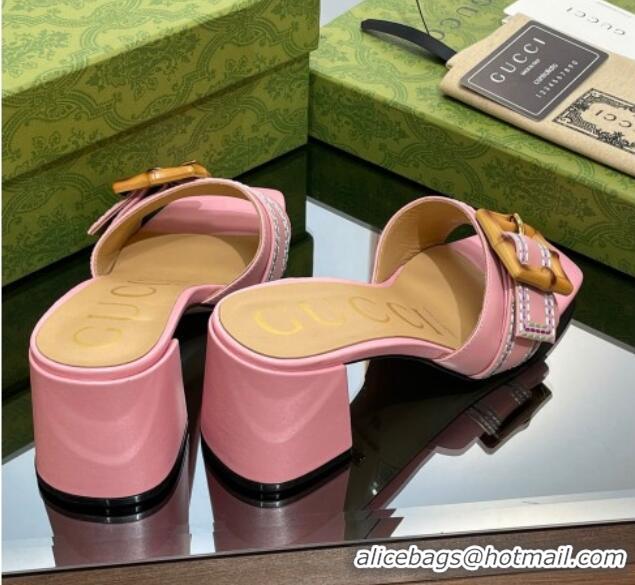 Good Quality Gucci Bamboo Lambskin Medium Heel Slide Sandals 6.5cm Pink 321061