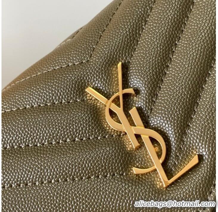 Famous Brand SAINT LAURENT CASSANDRE MATELASSE ENVELOPE CHAIN WALLET IN GRAIN DE POUDRE EMBOSSED LEATHER 393953 khaki