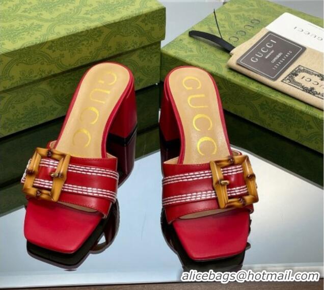 Best Product Gucci Bamboo Lambskin Medium Heel Slide Sandals 6.5cm Red 0321066