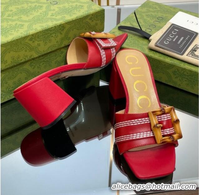 Best Product Gucci Bamboo Lambskin Medium Heel Slide Sandals 6.5cm Red 0321066