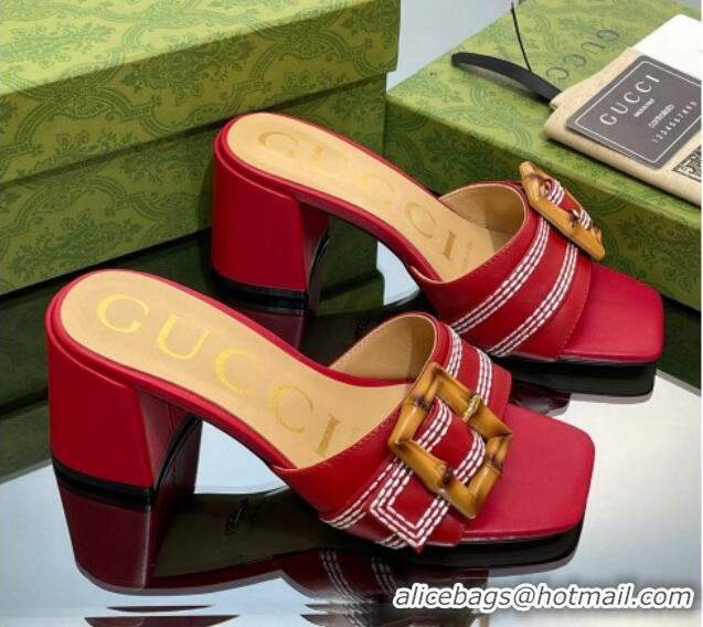 Best Product Gucci Bamboo Lambskin Medium Heel Slide Sandals 6.5cm Red 0321066