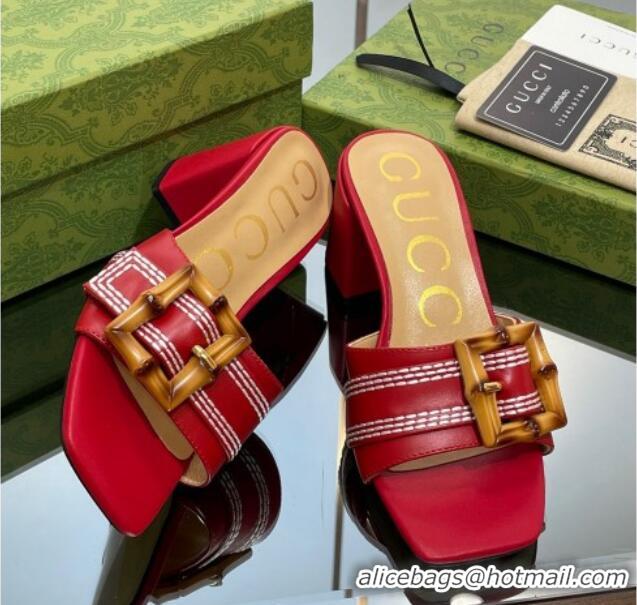 Best Product Gucci Bamboo Lambskin Medium Heel Slide Sandals 6.5cm Red 0321066