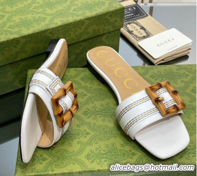 Grade Gucci Bamboo Lambskin Flat Slide Sandals White 321068