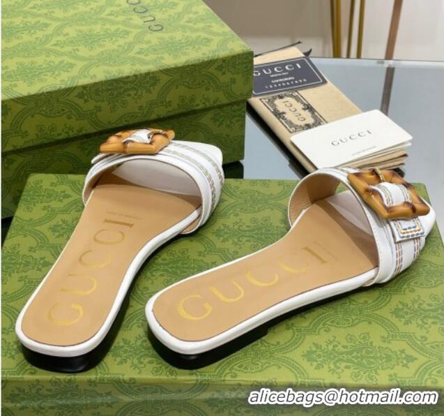 Grade Gucci Bamboo Lambskin Flat Slide Sandals White 321068