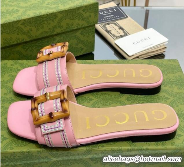 Charming Gucci Bamboo Lambskin Flat Slide Sandals Pink 321069