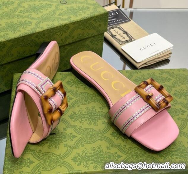 Charming Gucci Bamboo Lambskin Flat Slide Sandals Pink 321069