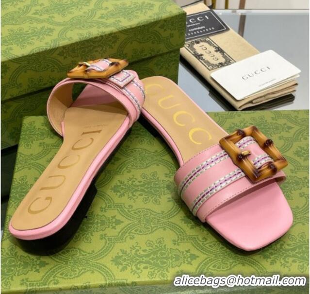 Charming Gucci Bamboo Lambskin Flat Slide Sandals Pink 321069