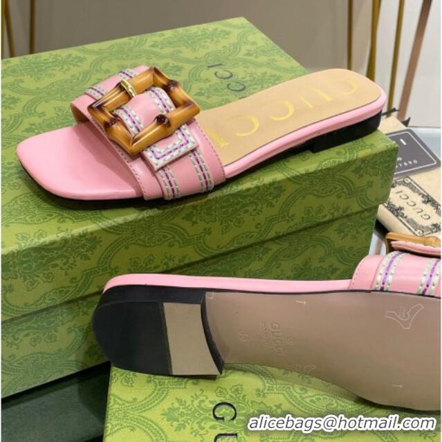 Charming Gucci Bamboo Lambskin Flat Slide Sandals Pink 321069