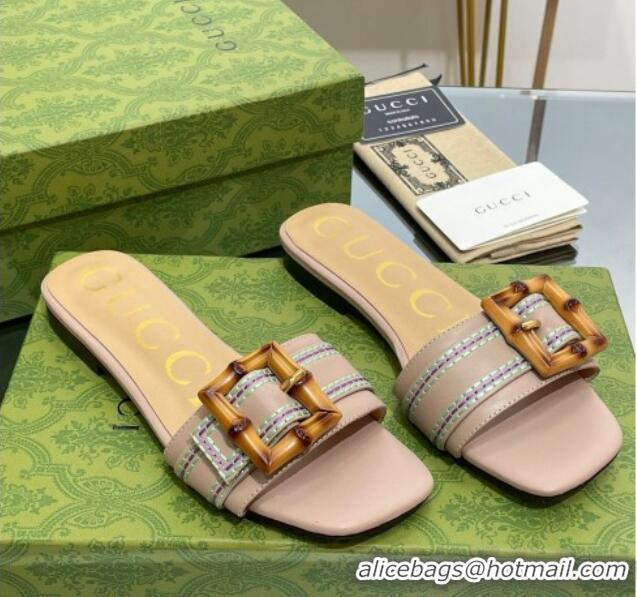 Good Looking Gucci Bamboo Lambskin Flat Slide Sandals Nude 321067