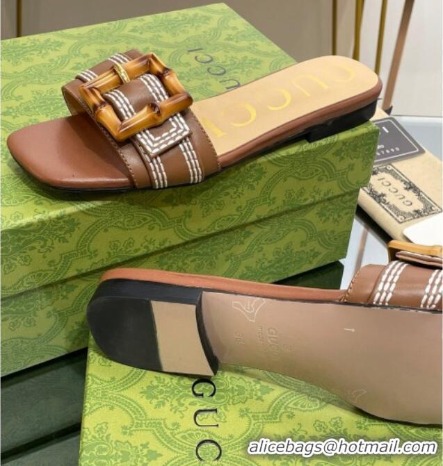 Good Quality Gucci Bamboo Lambskin Flat Slide Sandals Brown 321070