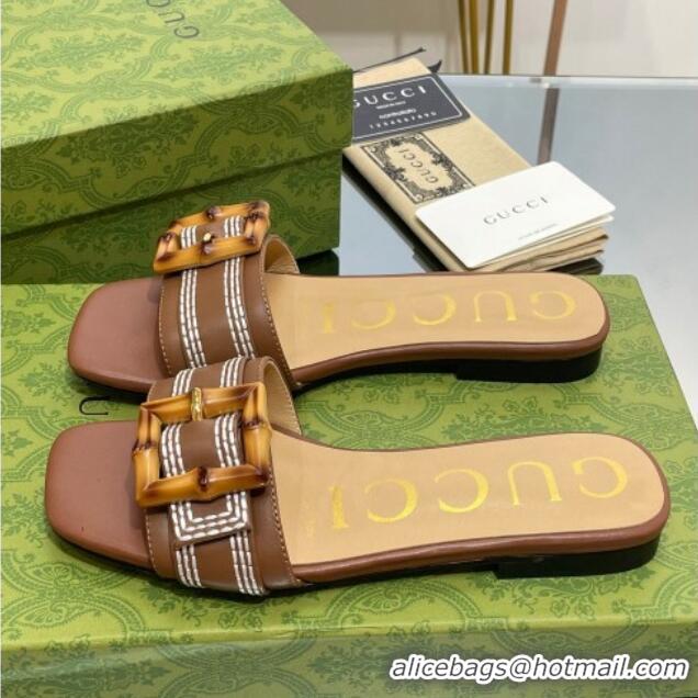 Good Quality Gucci Bamboo Lambskin Flat Slide Sandals Brown 321070