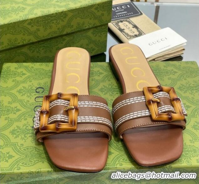 Good Quality Gucci Bamboo Lambskin Flat Slide Sandals Brown 321070