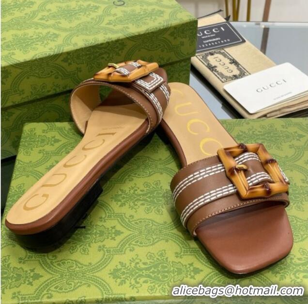 Good Quality Gucci Bamboo Lambskin Flat Slide Sandals Brown 321070