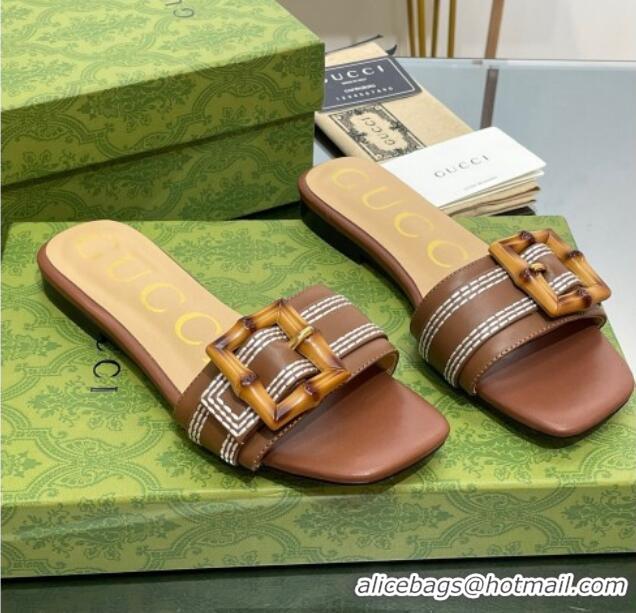 Good Quality Gucci Bamboo Lambskin Flat Slide Sandals Brown 321070