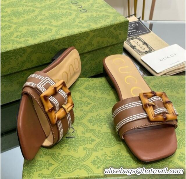 Good Quality Gucci Bamboo Lambskin Flat Slide Sandals Brown 321070