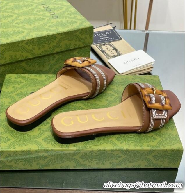 Good Quality Gucci Bamboo Lambskin Flat Slide Sandals Brown 321070