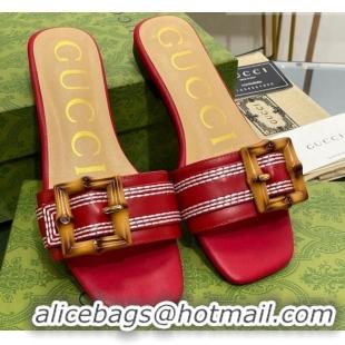 Grade Quality Gucci Bamboo Lambskin Flat Slide Sandals Red 321071