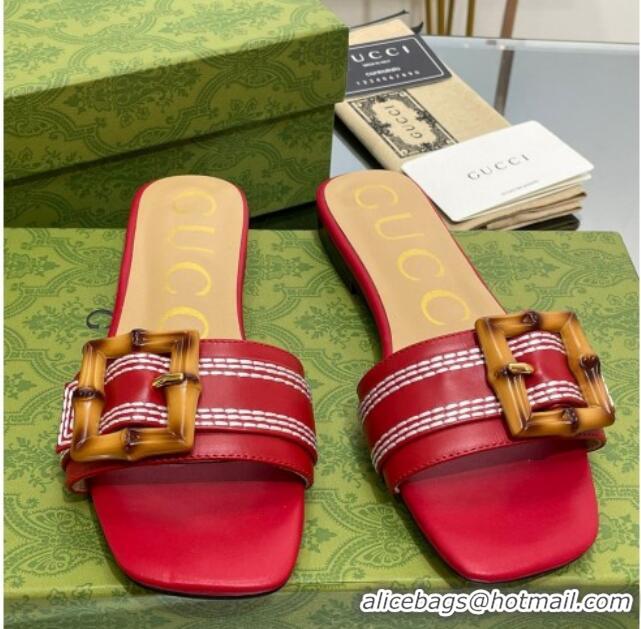 Grade Quality Gucci Bamboo Lambskin Flat Slide Sandals Red 321071