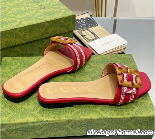 Grade Quality Gucci Bamboo Lambskin Flat Slide Sandals Red 321071