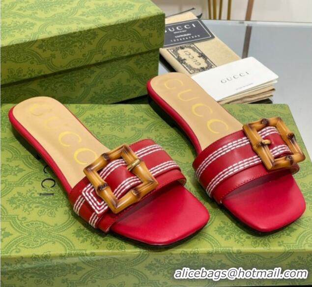 Grade Quality Gucci Bamboo Lambskin Flat Slide Sandals Red 321071