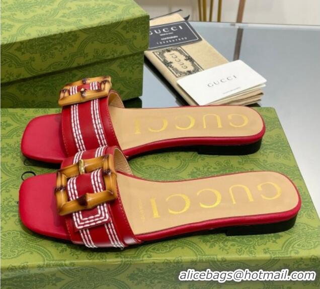 Grade Quality Gucci Bamboo Lambskin Flat Slide Sandals Red 321071