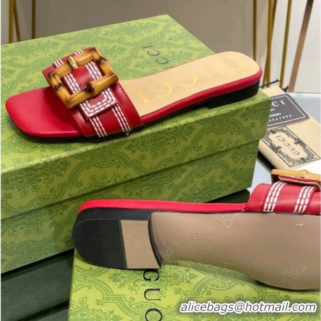 Grade Quality Gucci Bamboo Lambskin Flat Slide Sandals Red 321071