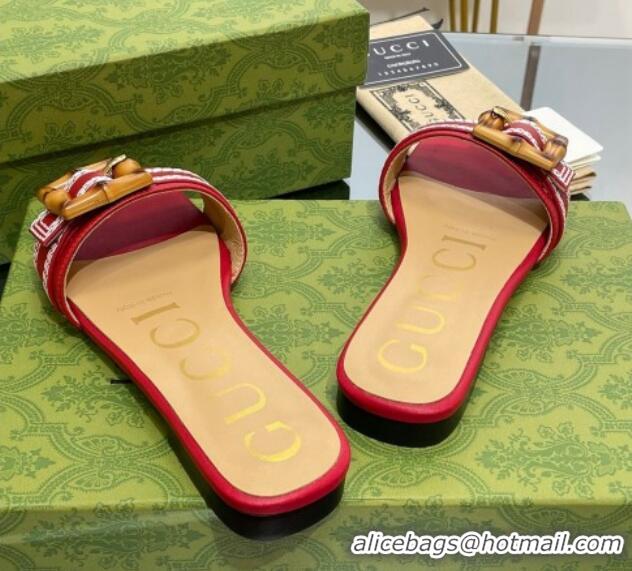 Grade Quality Gucci Bamboo Lambskin Flat Slide Sandals Red 321071