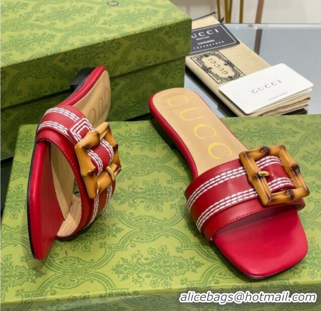 Grade Quality Gucci Bamboo Lambskin Flat Slide Sandals Red 321071