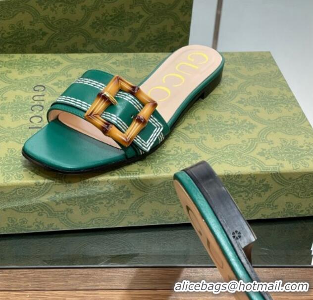 Pretty Style Gucci Bamboo Lambskin Flat Slide Sandals Green 321072