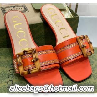 Top Grade Gucci Bamboo Lambskin Flat Slide Sandals Orange 321073