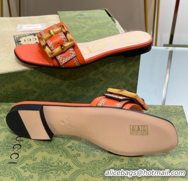 Top Grade Gucci Bamboo Lambskin Flat Slide Sandals Orange 321073