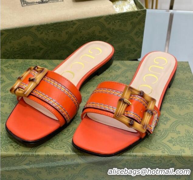 Top Grade Gucci Bamboo Lambskin Flat Slide Sandals Orange 321073