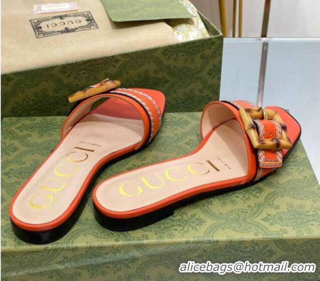 Top Grade Gucci Bamboo Lambskin Flat Slide Sandals Orange 321073