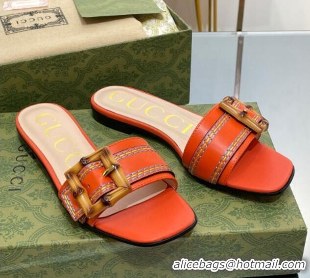 Top Grade Gucci Bamboo Lambskin Flat Slide Sandals Orange 321073