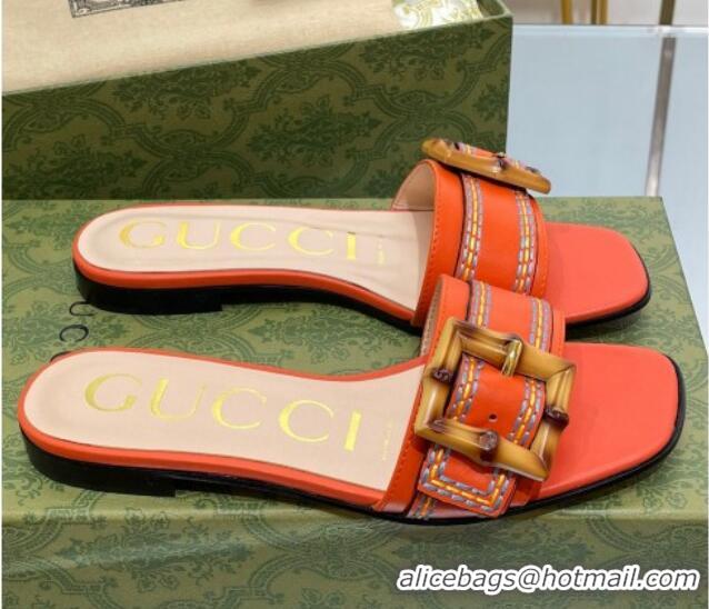 Top Grade Gucci Bamboo Lambskin Flat Slide Sandals Orange 321073