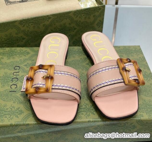 Top Design Gucci Bamboo Lambskin Flat Slide Sandals Pink 321074