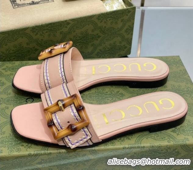 Top Design Gucci Bamboo Lambskin Flat Slide Sandals Pink 321074