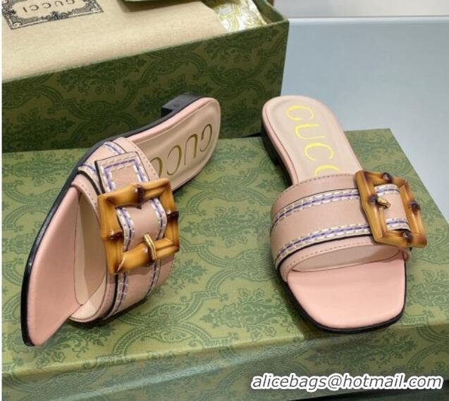 Top Design Gucci Bamboo Lambskin Flat Slide Sandals Pink 321074