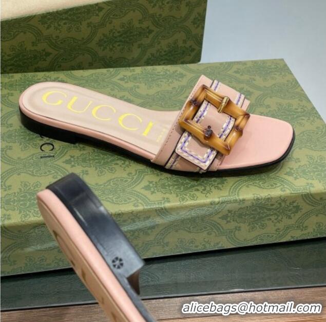 Top Design Gucci Bamboo Lambskin Flat Slide Sandals Pink 321074