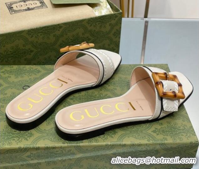 Best Grade Gucci Bamboo Lambskin Flat Slide Sandals White 321075