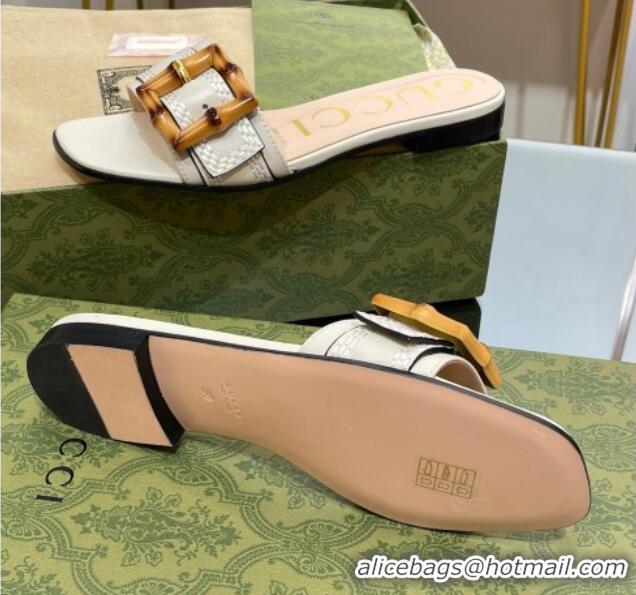 Best Grade Gucci Bamboo Lambskin Flat Slide Sandals White 321075