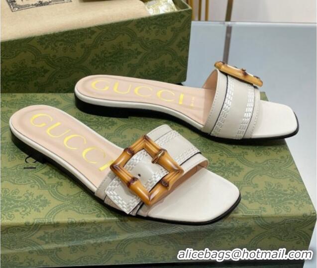 Best Grade Gucci Bamboo Lambskin Flat Slide Sandals White 321075