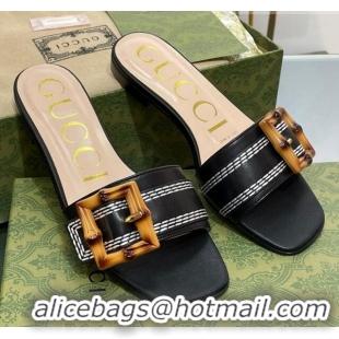 Classic Hot Gucci Bamboo Lambskin Flat Slide Sandals Black 321076